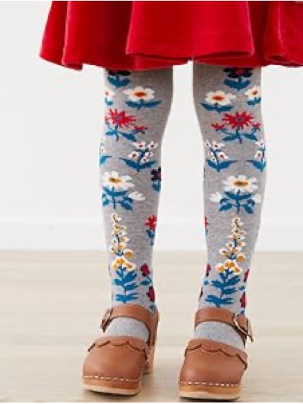 Hanna Andersson Grey Floral Kids Tights with Blue, Red, White & Yellow Flowers